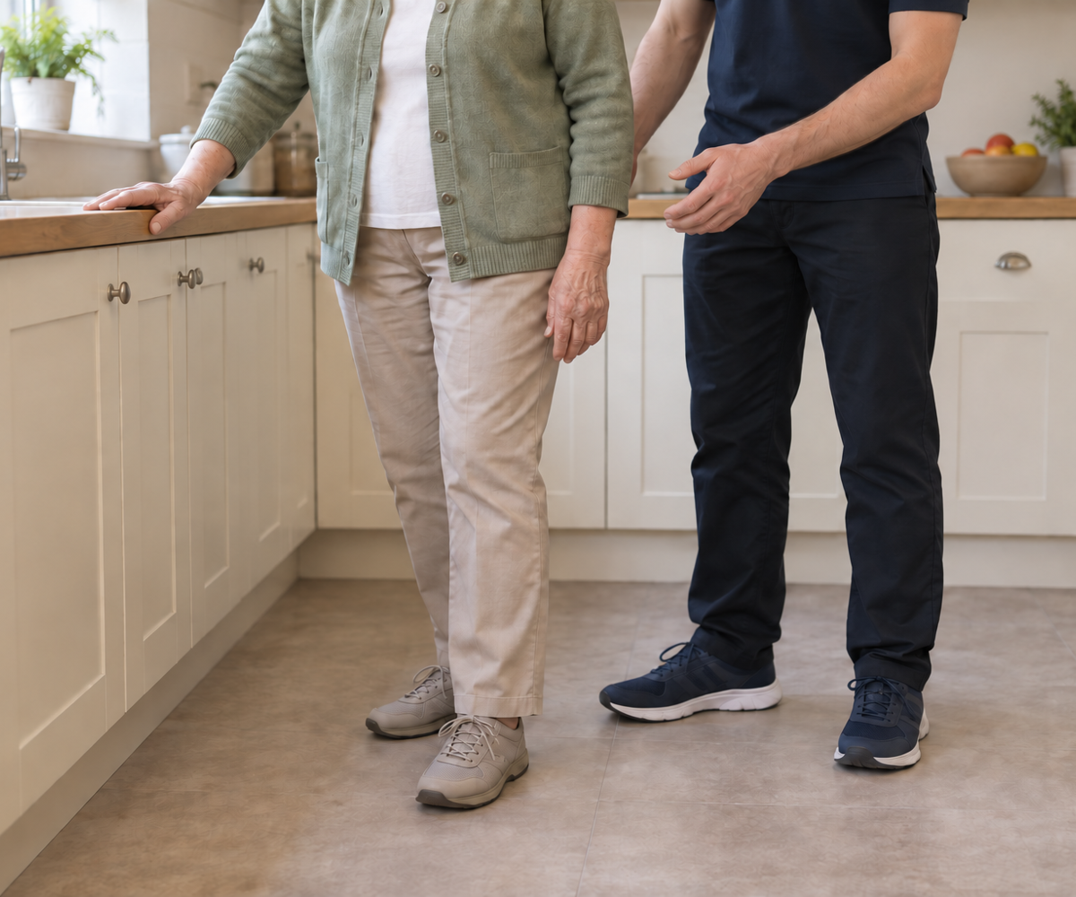 An older woman practises standing balance beside her kitchen worktop with a physiotherapist nearby.