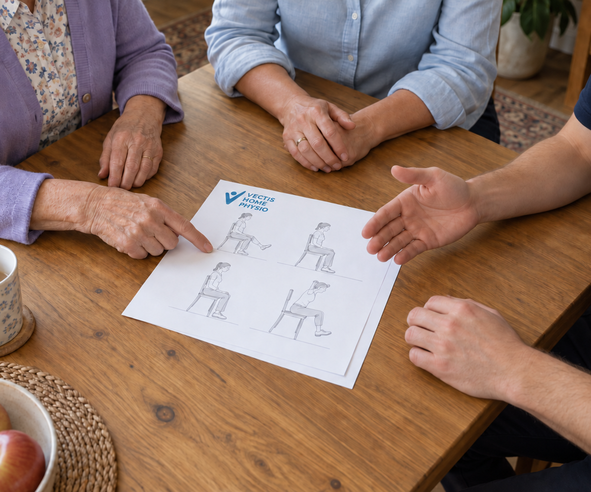 An older woman, her relative and a physiotherapist discuss a home exercise plan together.