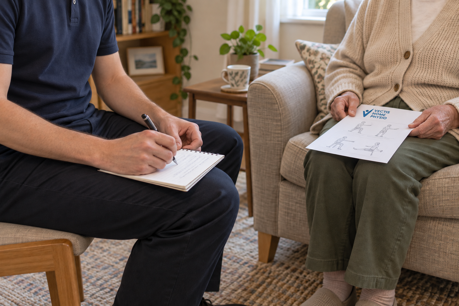 A physiotherapist takes notes while an older adult holds an exercise plan during a home visit.