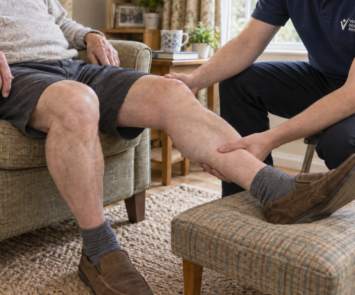 A physiotherapist gently supports an older adult’s knee and lower leg during a home visit.