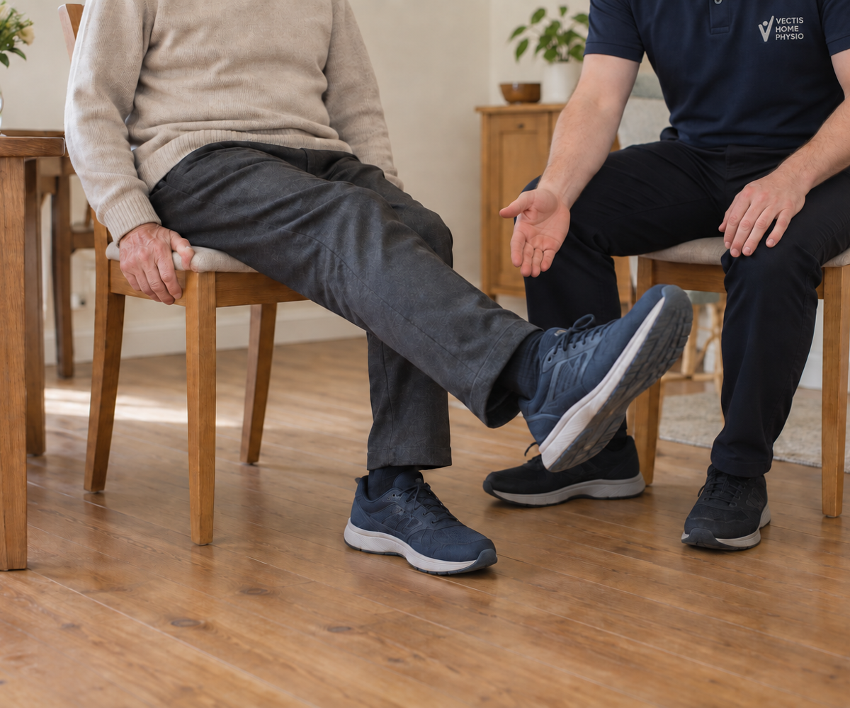 An older man practises a seated leg movement with a physiotherapist beside him at home.