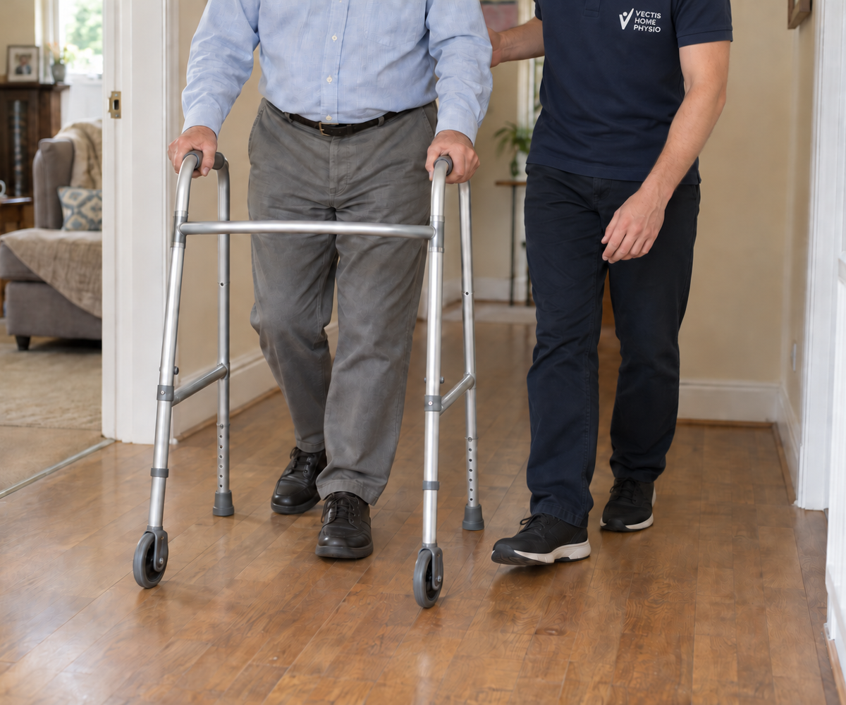 An older man uses a walking frame at home with a physiotherapist alongside him.